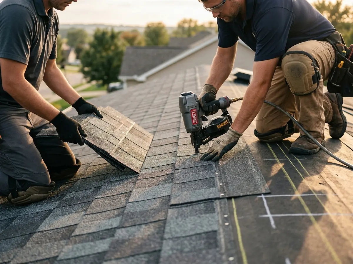 Professional roofer working on a residential roof in New Castle